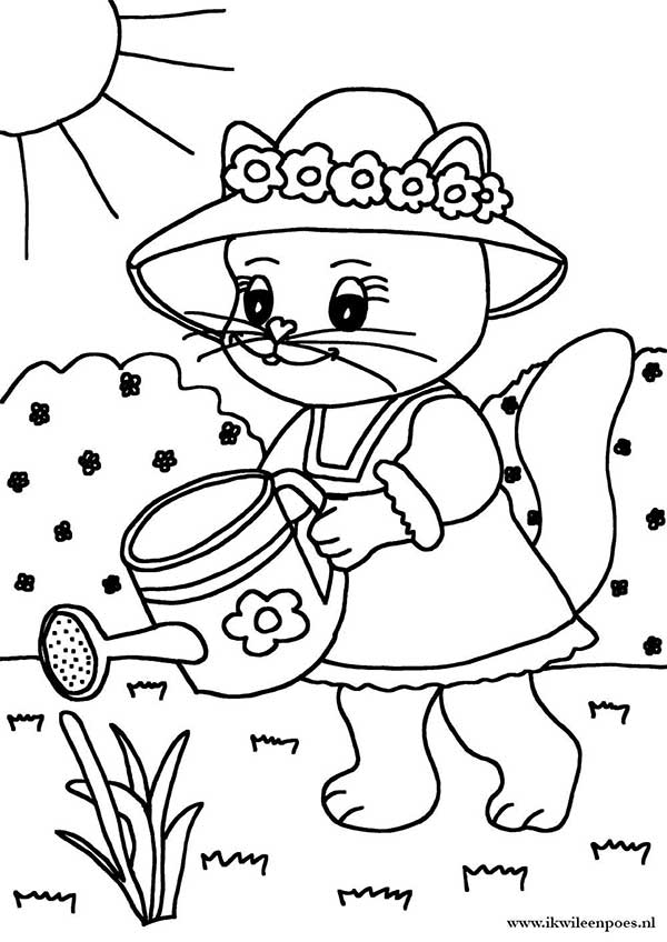 Kleurplaat poes met bloemen