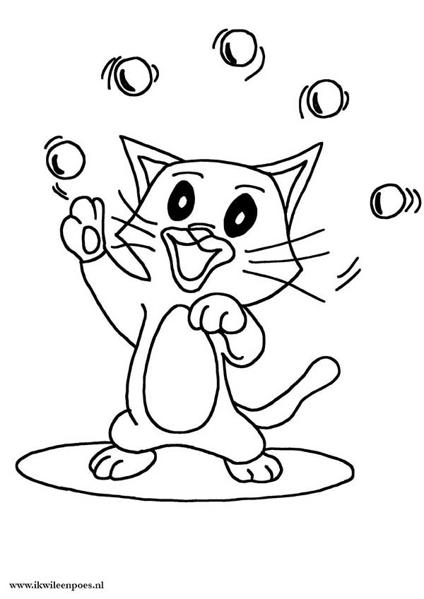 Kleurplaat poes met ballen