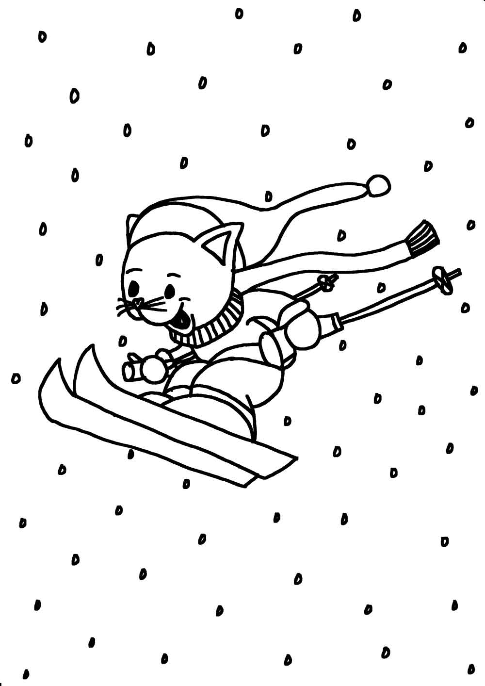 Kleurplaat poes wintersport ski